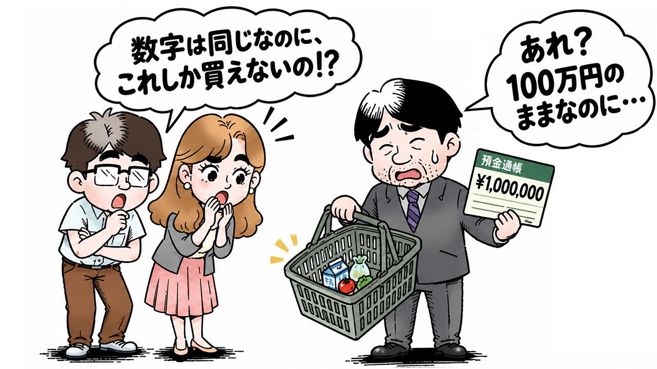 、預金通帳の数字が変わらないことと、財産の価値が変わらないことは同じではない。物価が上がれば、同じ百万円で買えるものは減っていく。