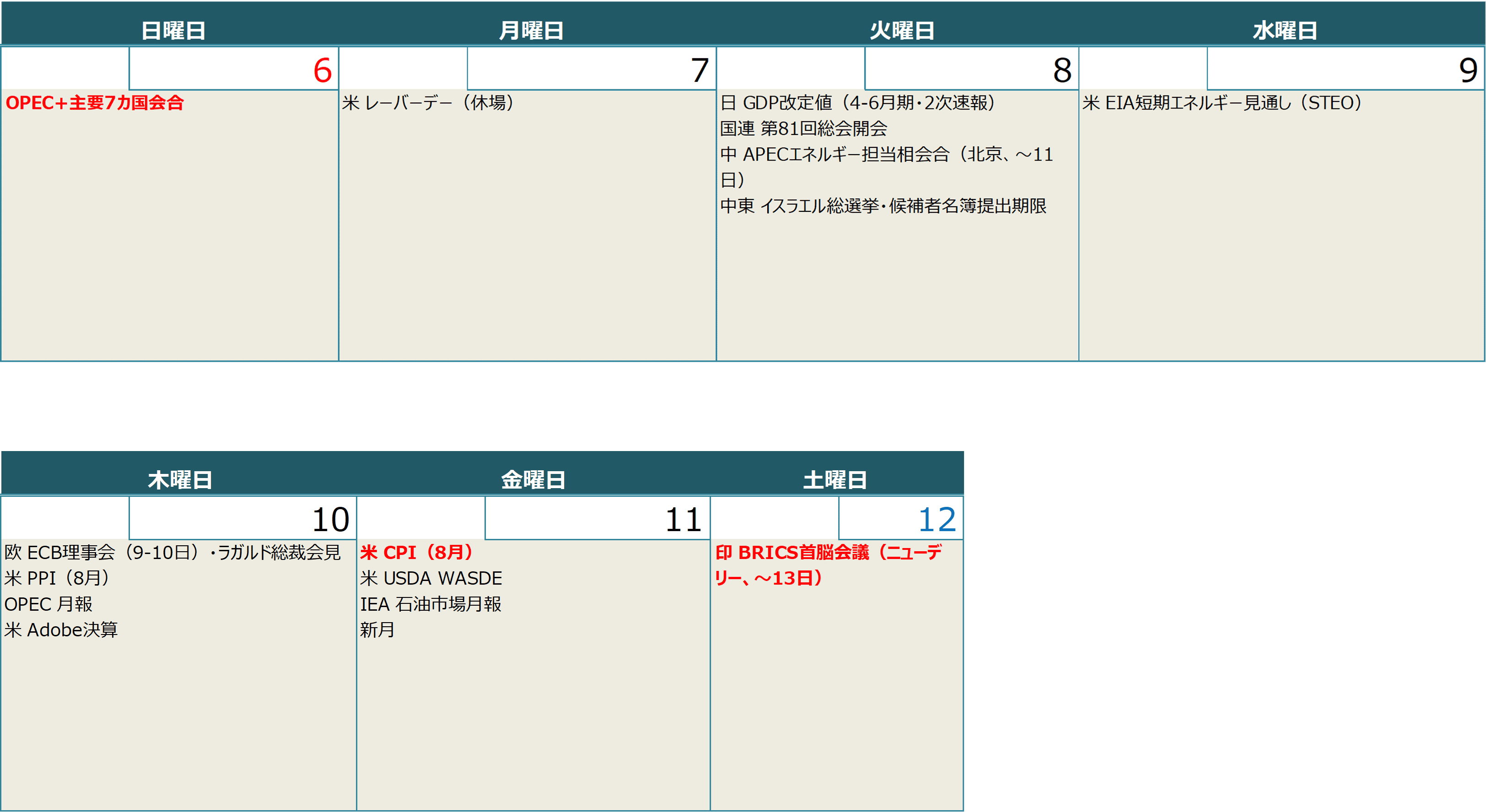 【週間スケジュール(9月7日~9月12日)】