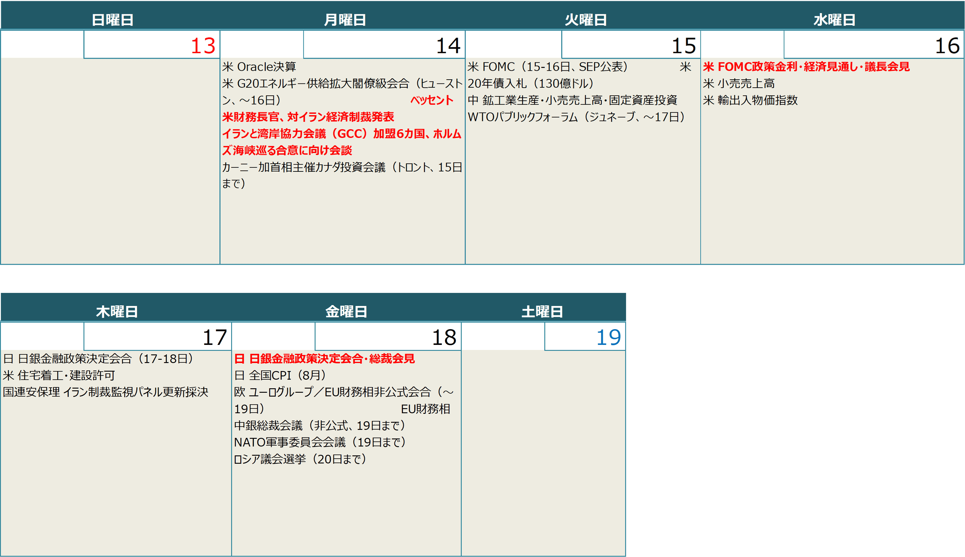 【週間スケジュール（9月14日～9月20日）】